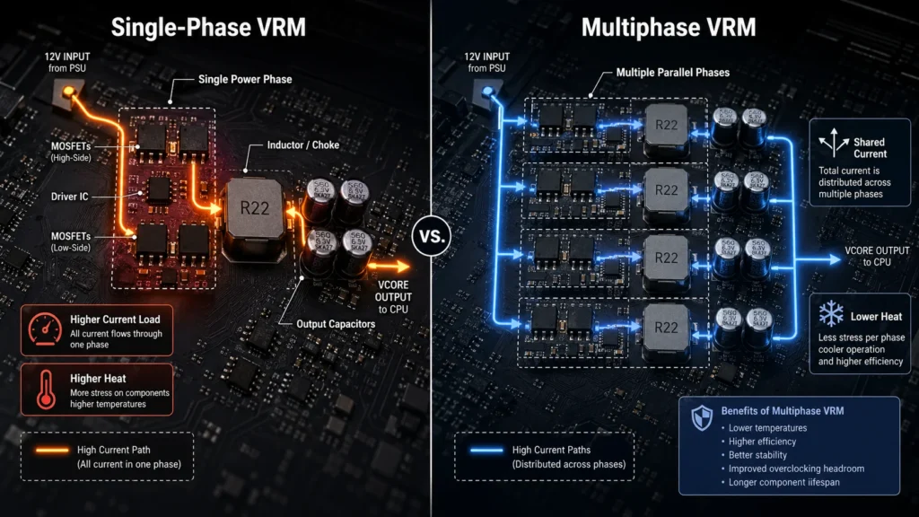 Single-phase and multiphase VRM comparison showing current sharing lower ripple and better thermal balance