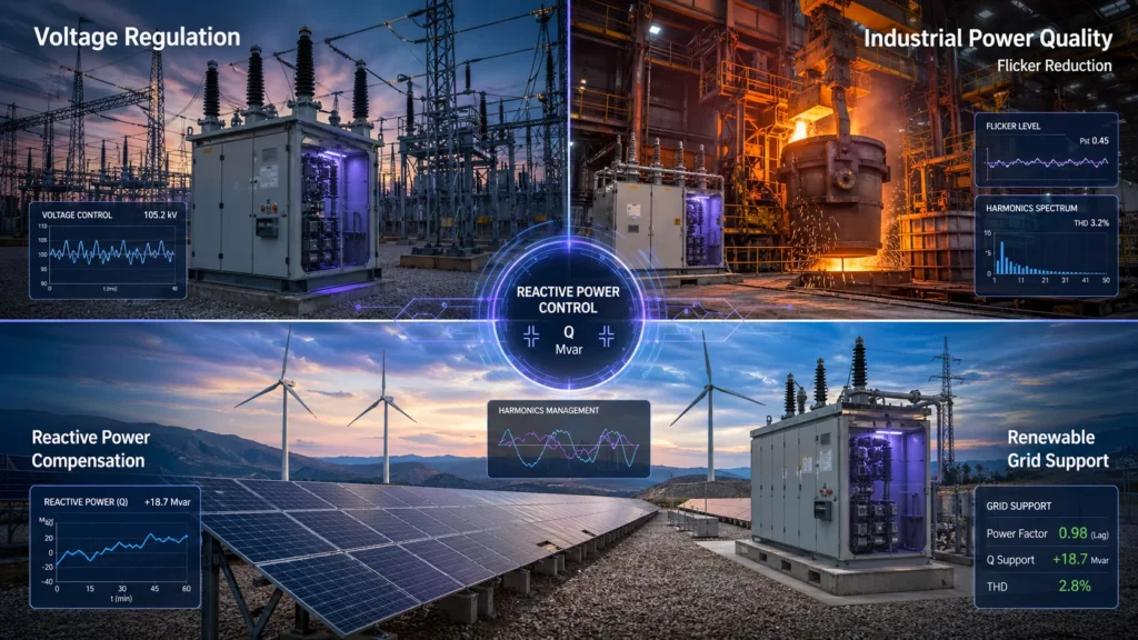 Thyristor-controlled reactor applications in transmission substations, industrial power quality, reactive power compensation, and renewable grid support