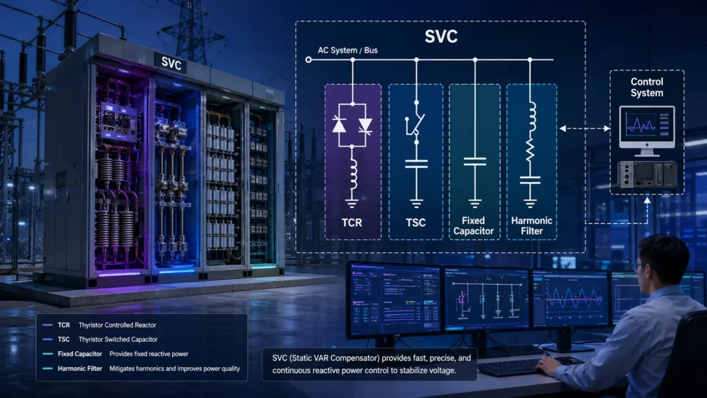 Thyristor-controlled reactor branch inside a Static VAR Compensator with TCR, TSC, fixed capacitor, harmonic filter, and control system
