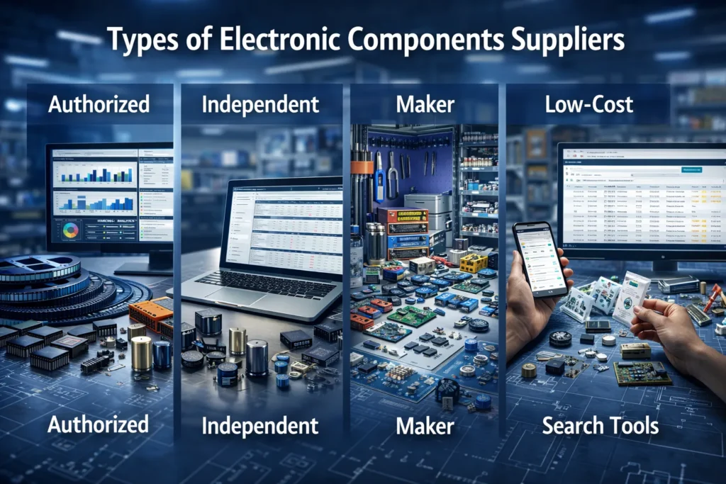 Different types of electronic components suppliers including authorized, independent, maker, low-cost, and search tools