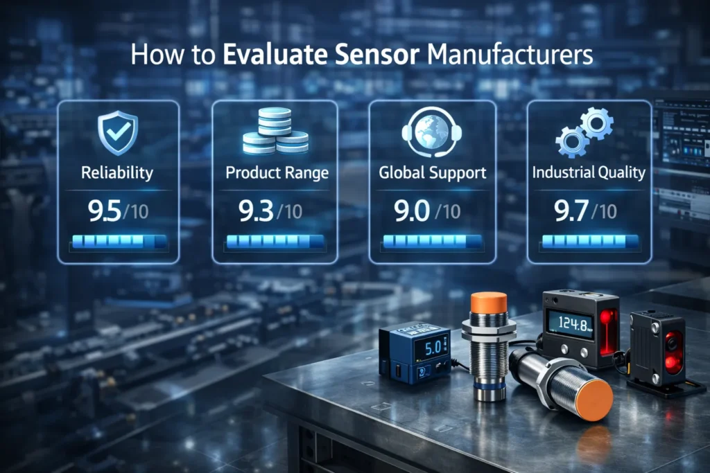 Top Proximity Sensor Manufacturers in 2026: Best Brands for Industrial Use 1 Industrial sensor brand evaluation illustration showing reliability support and quality factors