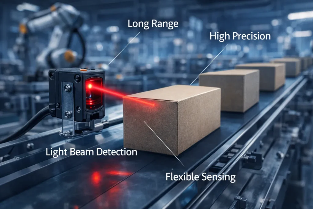 Proximity Sensor vs Photoelectric Sensor: What’s the Difference? 2 Photoelectric sensor using a light beam to detect objects on a conveyor system