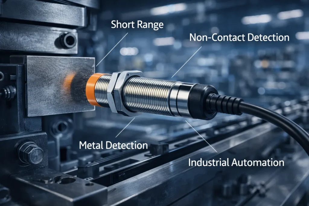 Proximity Sensor vs Photoelectric Sensor: What’s the Difference? 1 Industrial inductive proximity sensor detecting a metal target in an automation environment