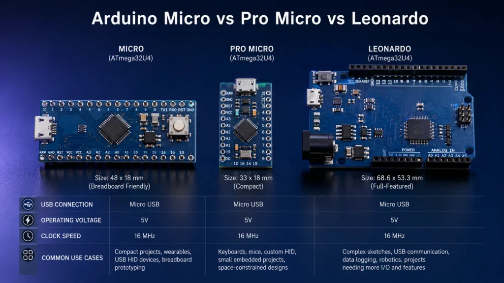 Arduino Micro vs Pro Micro vs Leonardo comparison chart based on ATmega32U4 boards