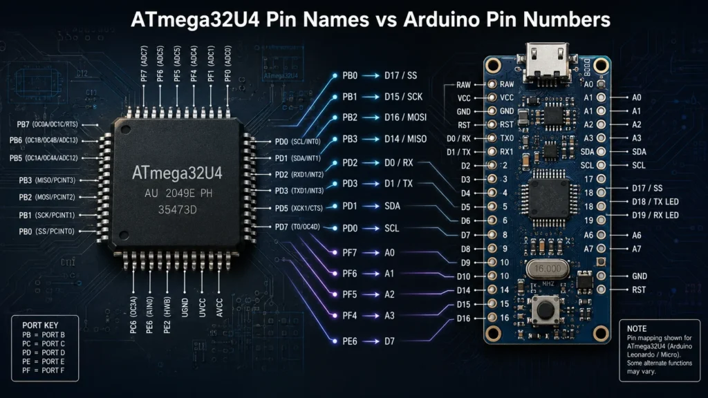 ATmega32U4 pin names mapped to Arduino pin numbers on a development board