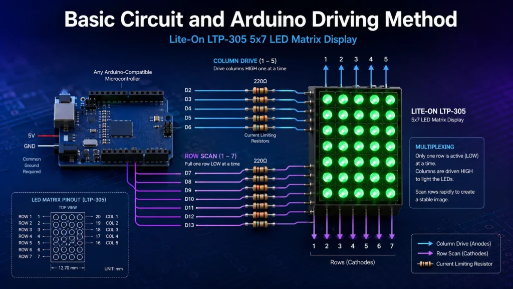 Basic circuit diagram for driving a Lite-On LTP-305 5x7 LED matrix display with an Arduino-compatible microcontroller and current-limiting resistors