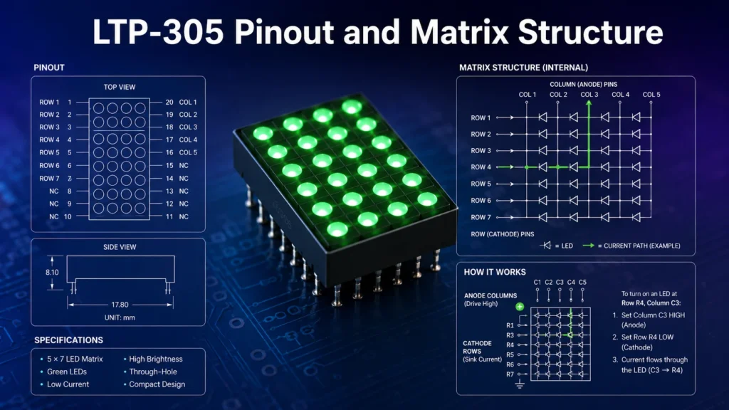 LTP-305 pinout and internal 5x7 LED matrix structure showing anode columns, cathode rows, and current path