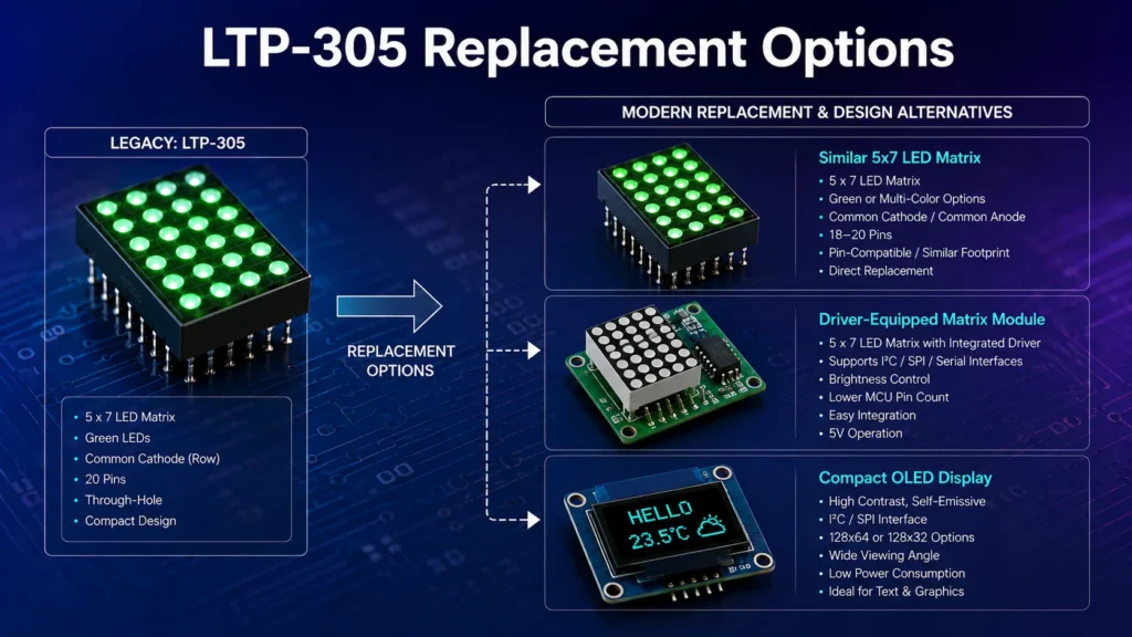 LTP-305 replacement options comparing legacy 5x7 LED matrix display, similar LED matrix alternatives, driver-equipped modules, and compact OLED displays