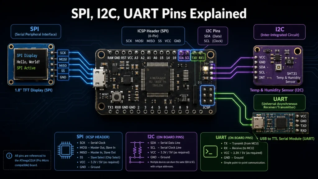 SPI I2C and UART pins explained on an ATmega32U4 development board