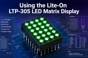 Using the Lite-On LTP-305 LED matrix display with green 5x7 LED dots, pinout notes, and technical circuit background