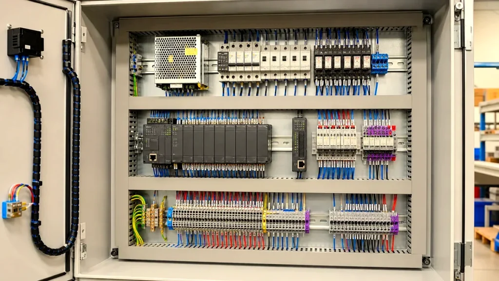 Industrial Electronic Components: Types, Applications, and Sourcing Guide 2 DIN rail control panel with power supply, relays, terminal blocks, I/O modules, and cooling fans