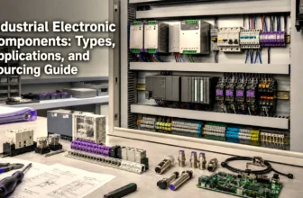 Industrial control cabinet with PLC, sensors, relays, power supplies, and wiring components for automation