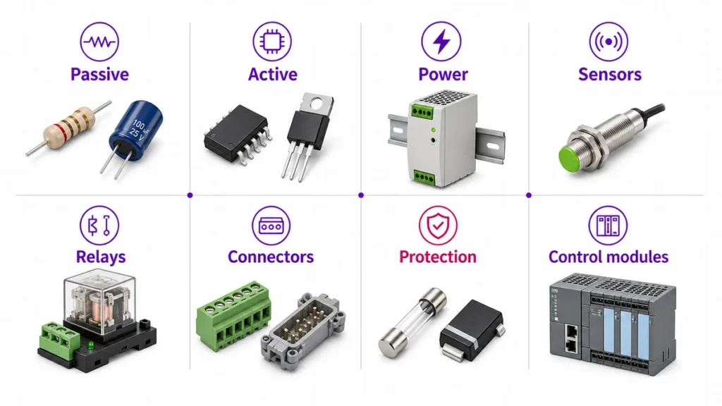 Industrial Electronic Components: Types, Applications, and Sourcing Guide 1 Diagram of industrial electronic components including semiconductors, passive components, sensors, relays, connectors, and protection devices